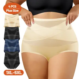 QUASTI 4-Pack Plus Size High-Waisted Tummy Control Women's Shaping Panties, Soft and Breathable, High-Elasticity and Silky Smooth, Tummy Control and Butt Lifting Shaping Womenswear, Super Comfortable Shorts Brief, Sizes: 1XL-5XL