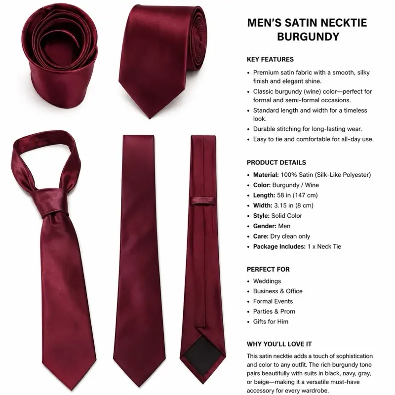 Men’s Burgundy Satin Necktie - Classic Solid Formal Tie for Weddings, Business, Special Occasions