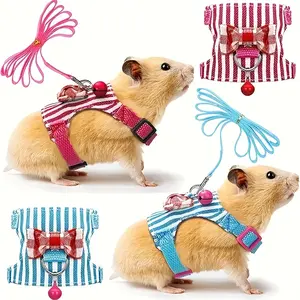 2pcs Hamster Harness And Leash Set For Walking, Small Guinea Pig Clothes With Bowknot Bell, No Pulling Comfort Padded Vest Striped For Guinea Pig Hamster Ferret, Small Animals (Blue, Pink, S)