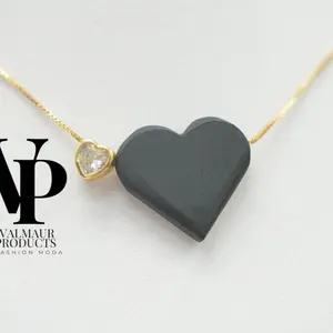 Valmaur Products Elegant azabache Heart Necklace with Gold Chain and CZ Accent for Women Fashion Moda
