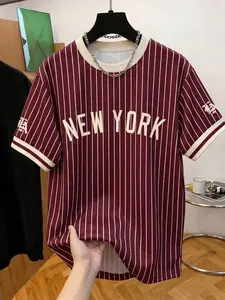 Men's "NEW YORK" Burgundy Striped Baseball T-Shirt, American Vintage Streetwear, Crew Neck Casual Sport Tee, Trendy