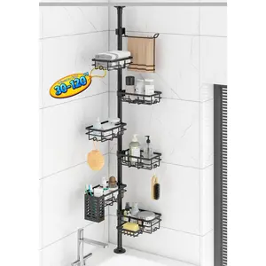 Corner Shower Organizer Tension Pole, 6 Shower Shelves Corner Shelf 30-120Inch Rustproof Shower Rack for Inside Shower, Bar Soap Dish Organizers and Black