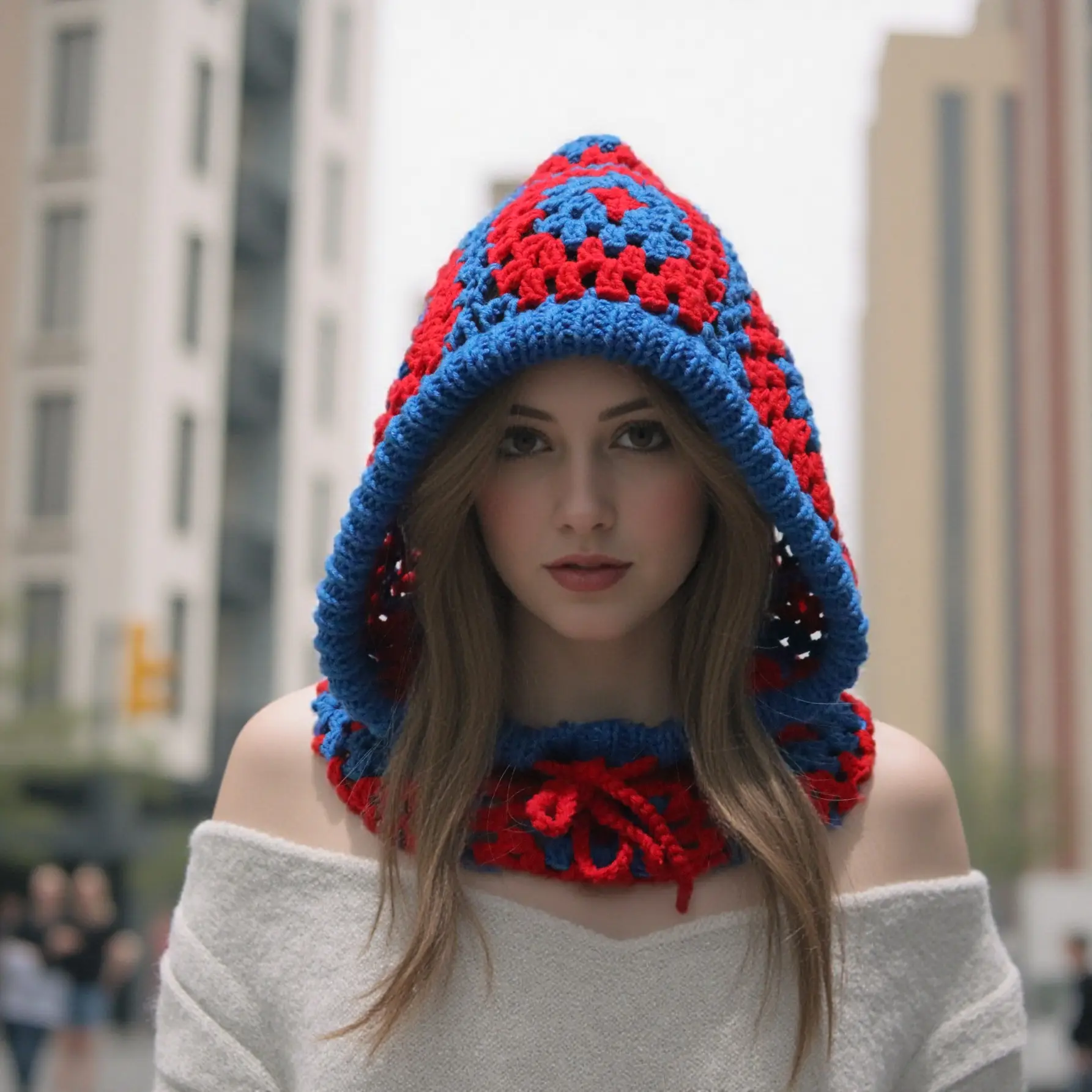 Cozy up in style!  Handmade Granny Square Hooded Scarf with Tie, Y2K Color Block Crochet Balaclava for Winter Cottagecore Outfits