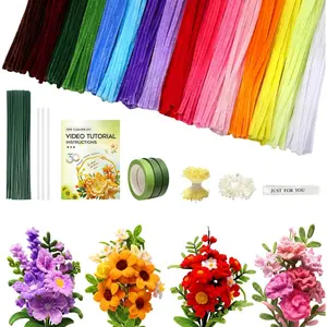 660 count Pipe Cleaner Flower Kit, 16 Colors Thick Chenille Stems Pipe Cleaner Bulk, Pipe Cleaners Craft Supplies with Viedo Instruction, Floral Wires, Tape, Stamen, Ribbon for DIY Art & Flower Making