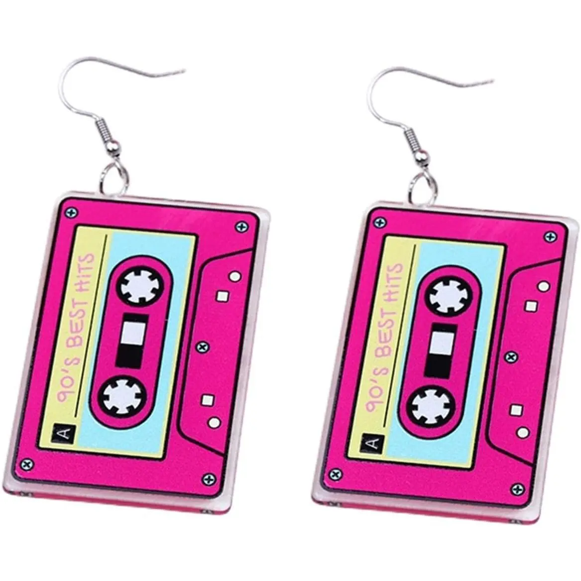 Dangle Earrings for Women, Vintage 80s Cassette Tape with Colorful Print, Resin Acrylic Jewelry for Parties and Daily Wear
