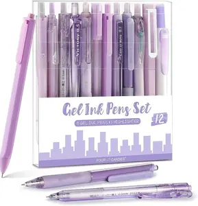 Four Candies Retractable Purple Pen Set, 11Pcs Black Ink Gel Pens(0.5Mm), 1Pcs Purple Highlighter, 0.5Mm Fine Point for Journaling, Writing and Note-Taking Four Candies