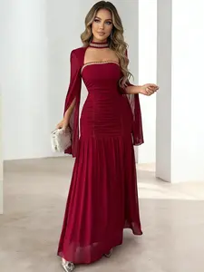 Women's Spring Casual Valentine's Day Hollow Out Sleeve Mermaid Tail Evening Gown Shawl Sleeves Waist Cinching Elegance Long Dress