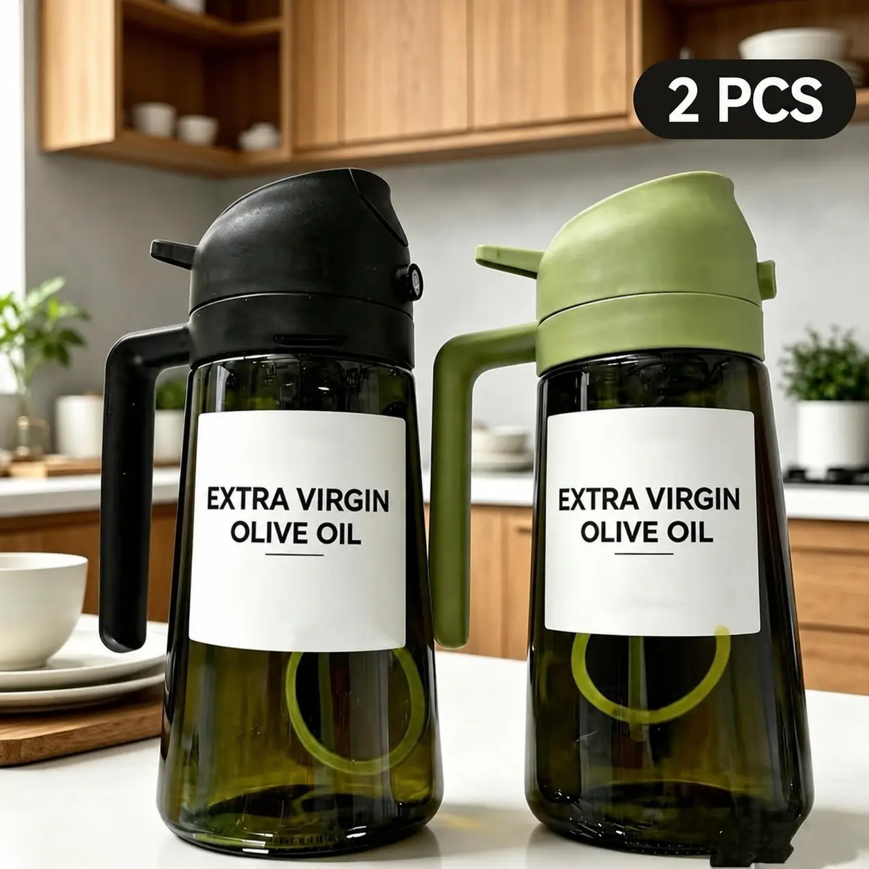 2 Pack 16oz 470ml Leak-Proof Dual-Function Oil Dispenser, Dual-Purpose Olive Oil Sprayer Glass Oil Spray Bottle, Oil Sprayer for Cooking Pour & Spray 2 in 1 Sprayale Bottle Black Green