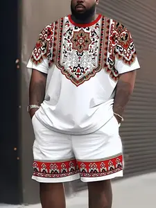 Men's Plus Size 3D Digital Print Short Sleeve Set Outfit, Cultural Ethnic Style, Casual Loose-Fitting Tee and Shorts, Perfect Gift Idea