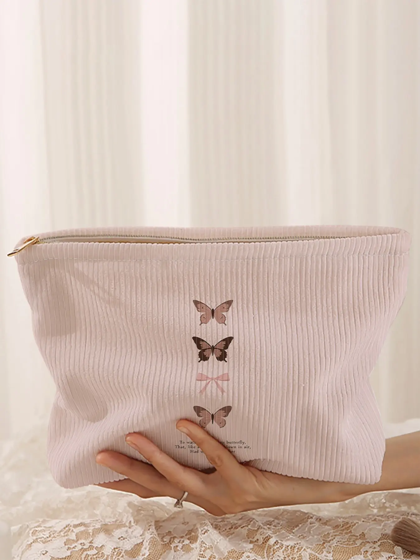 Butterfly Print Corduroy Makeup Bag Cosmetics Bag, Cartoon Style, Cute Lightweight Multi-Functional Fashion Casual Handheld Cosmetic Pouch Beauty Storage Pouch, Makeup Storage Organizer, Travel Organizer