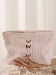 Butterfly Print Corduroy Makeup Bag, Cartoon Style, Cute Lightweight Multi-Functional Fashion Casual Handheld Cosmetic Pouch, Makeup Storage Organizer, Travel Organizer