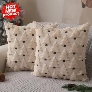 2PCS Christmas Pillow Covers Christmas Decorations 18x18 inch Soft Plush Faux Fur Wool Beige Xmas Tree Throw Pillow Cases Winter Holiday Decor for Sofa Living Room