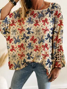 Spring Summer New Round Neck Hollow Out Batwing Shoulder Long Sleeve Knit Top, Casual Fashion Beach Vacation Bow Print Sweater