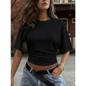 New Fashionable Elegant Solid Black Ruched T-Shirt for Women Casual Versatile Daily School Beach Vacation Home Wear Drop Shoulder Half Sleeve Regular Fit Knitted Fabric Top sweater button geometric print contrast binding brandy melville summer clothes y2k