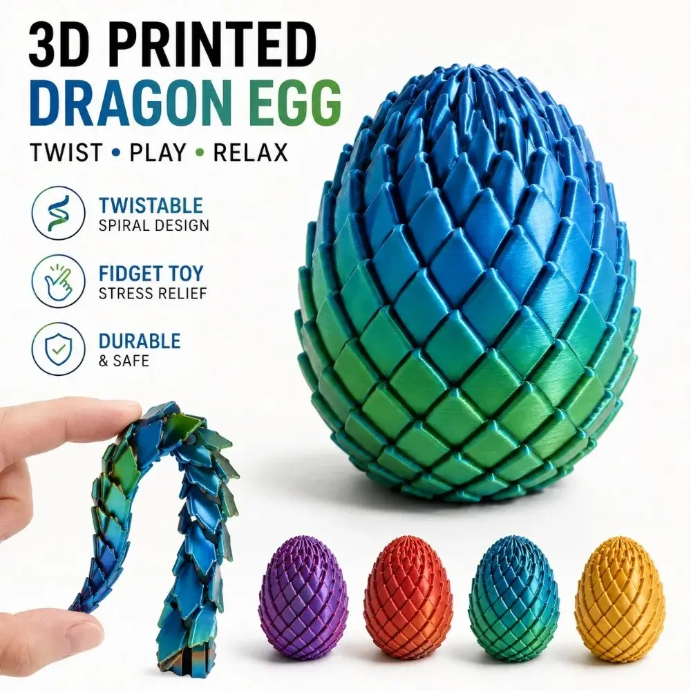 7.5cm 3D Printed Plastic Twistable Dragon Egg Toy - Unisex Stress Relief Sensory Fidget Toy for 10+ Years Old, Christmas Birthday Gifts (Multi-Color), Dragon Stress Relief Toys