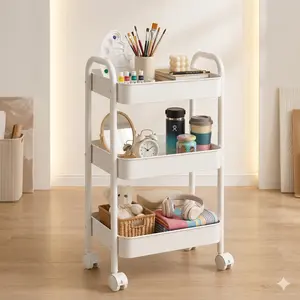 3-Tier Multi-Functional Utility Cart  Wheels —EasyAssembly; Suitable for Kitchens and Bathrooms. Multi-Purpose Metal Storage Cart ( Casters);  — An Ideal Choice for Kitchens, Living Rooms, Offices,  OrganizerCase with Bed Bookshelf Rack hat organizer shoe