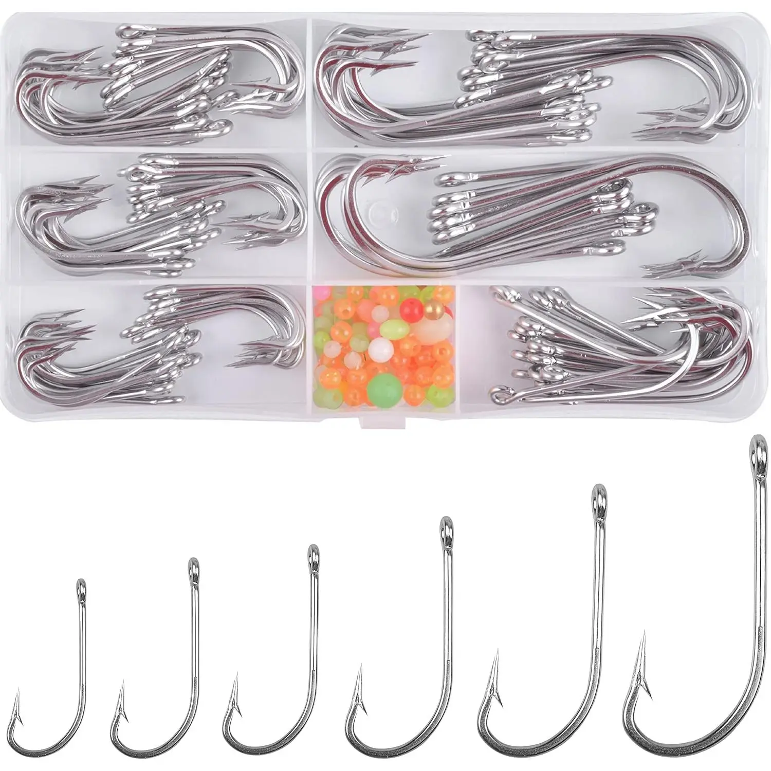 O'Shaughnessy 130 count Stainless Steel Saltwater J Hooks, Long Shank Forged Hooks with Fishing Beads for Freshwater Fishing