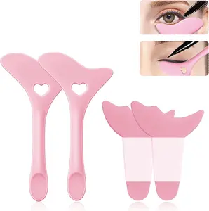 4Pcs Reusable Silicone Eyeliner Stencils & Multi-Functional Makeup Tool Set (Pink) with Free Puffy Spa Headbands & Wristband