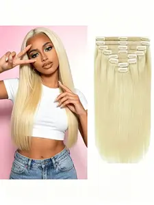 #613 Golden Blonde 8-Piece Real Human Hair Clip-In Extensions Set, Realistic Hairpiece, Silky Straight Clip-In Hair Extensions for Women, Invisible Natural Straight Seamless Clip-In Hair Extensions, suitable for all women