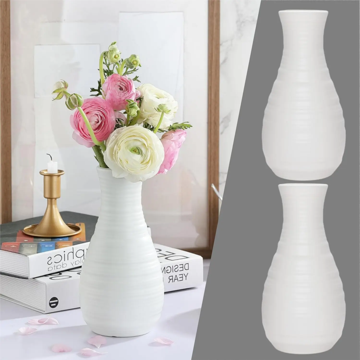 2 Pcs Faux Ceramic Plastic Flower Vase - Nordic Style With Stripes For Home Decoration - Paper Folding Vase Ideal For Artificial Flowers - Suitable For Home Decoration And Flower Arrangement Container (8 x2.7inch) White Gift Decorative