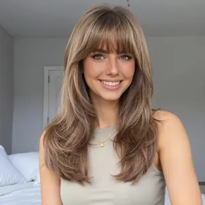 Jule -DWY New Technology! Bionic Silk Top 12-Inch Layered Shoulder-Length Caramel Latte Glueless Synthetic Wig with Bangs for Women High-Quality Premium Fiber Easy Wear Comfortable Fit