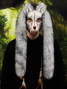 Halloween Fashion Animal Mask Viking Fox Mask with Fur Headband, Werewolf Costume Accessory for Party & Cosplay Events