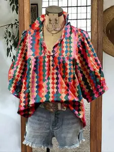 Women's Ruffled Trim Blouse, Casual V Neck Nine-point Sleeve Top for Summer, Women's Clothing for Daily Wear, Boho Floral Print Womenswear, Lady Casual Blouse Shirts, Boho Style Multicolor Shirt