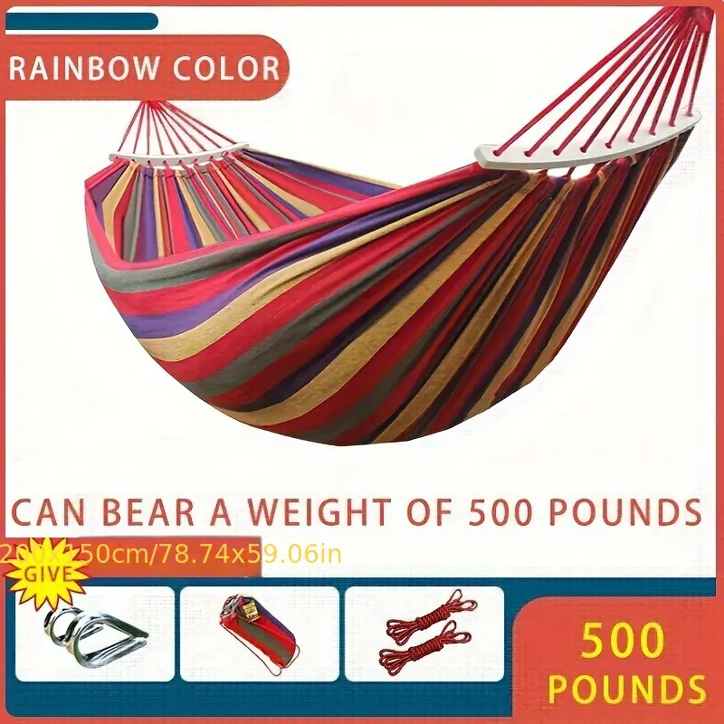 Good Quality Heavy-Duty Rainbow Canvas Hammock for Single or Double - Anti-Rollover, Portable with 500 lbs Capacity, Includes Metal Carabiners & Tree Straps, Ultra-Light Parachute Fabric, Ideal for Camping & Dorms, Dorm Room Furniture|Rainb