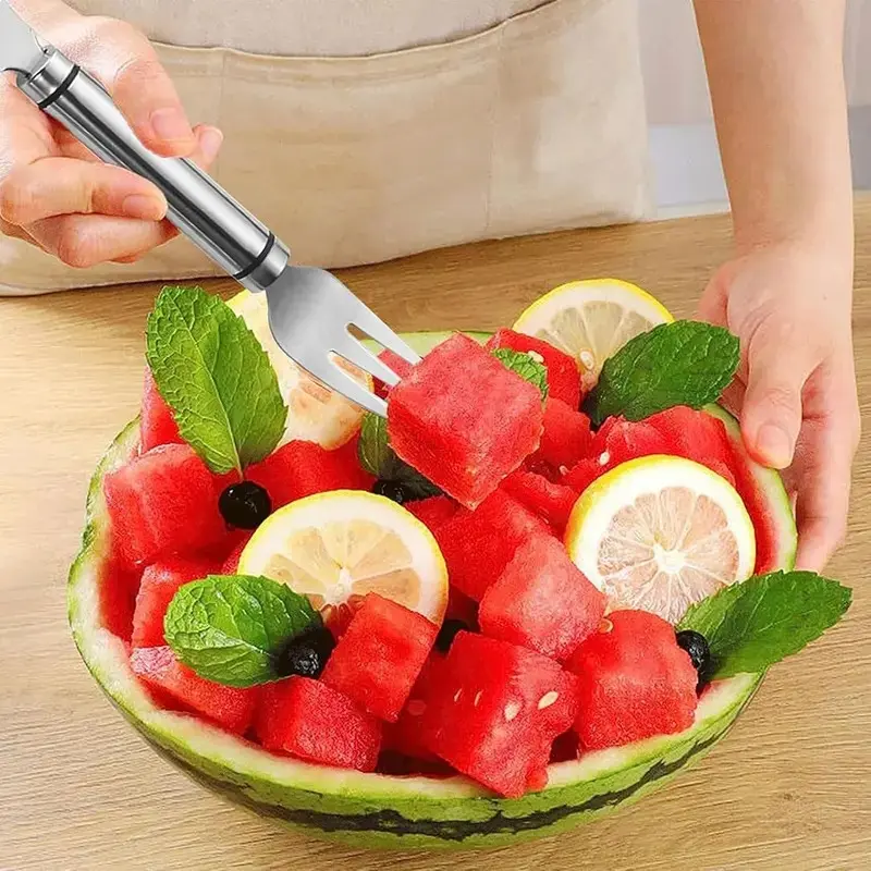2026 Upgraded Stainless Steel Watermelon Fork Slicer 2 Pack. 2-in-1 portable fruit tool, rust resistant. Perfect for summer household use, outdoor camping and picnic fruit cutting.