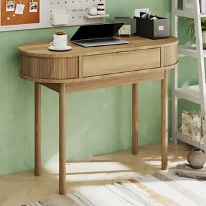 Fluted Small Computer Desk with Drawer, 40 Inch Mid-Century Modern Writing Desk with Solid Wood Legs,Compact Study Table for Small Spaces, Home Office, Bedroom
