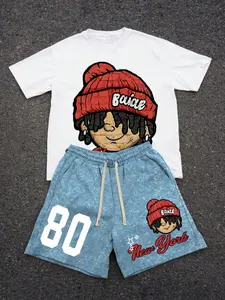 American Cartoon Portrait Print Short Sleeve Tee, Washed Vintage New York Letter Shorts Set, Casual Fitted All-Over Print, All Seasons, Streetwear