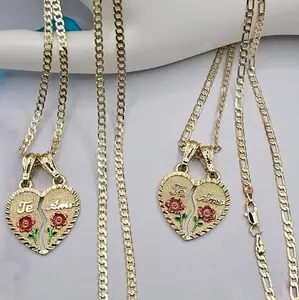 TE AMO red roses hearts set 2 beautiful chains gold-plated cuban & figaro styles