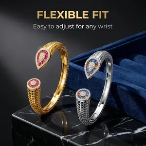 Unisex Premium Snake Open Cuff Bracelet - Gold/Silver Plated, Colorful Gemstone & Diamond Inlay, Stackable Statement Bangle for Men & Women, Party & Daily Wear, Yes