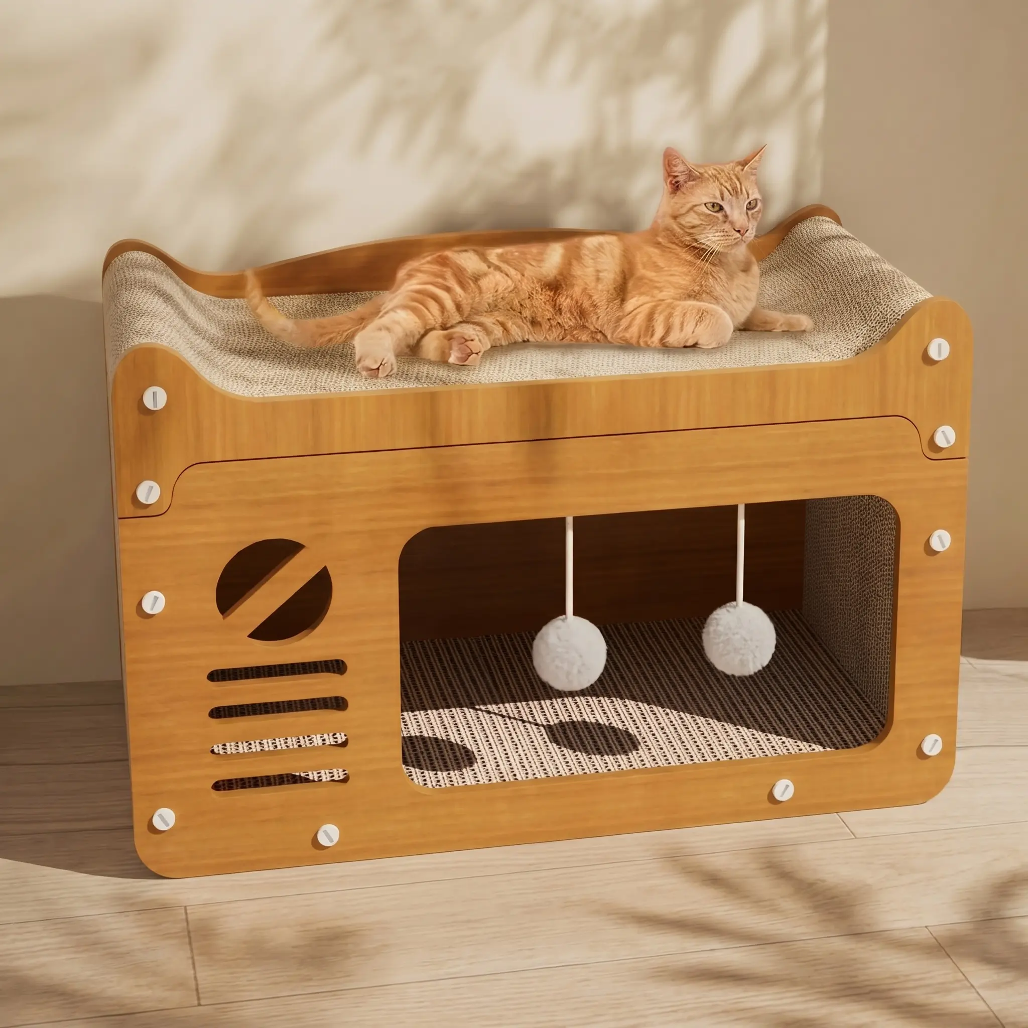 Durable Vertical Cat Scratching Post House with Integrated Cat Bed - TV Style Cat Scratch Board, Non-Shedding, Perfect for Play and Rest