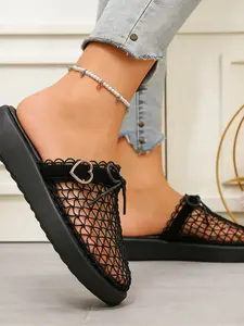 Women's Summer Comfort Heart Decor Mesh Open-Toe Loafers, Breathable Slip-On Mules, Ideal for Daily Wear, Stylish and Practical Footwear
