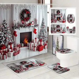 1/4pcs Christmas winter shower curtain set fireplace stocking tree wreath gift shower curtain set, festive design, non-slip floor mat, U-shaped carpet, toilet lid cover, perfect for bathroom decoration, free 12 shower, Bathroom Decoration Accessories