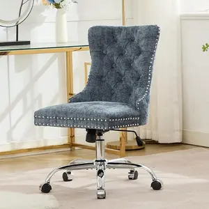 Home Office Chair with Wheels & Silver Base, Cute Chenille Fabric Makeup Vanity Chair with Tufted Back for Bedroom, Upholstered Adjustable Swivel Comfy Desk Chair for Girls Women
