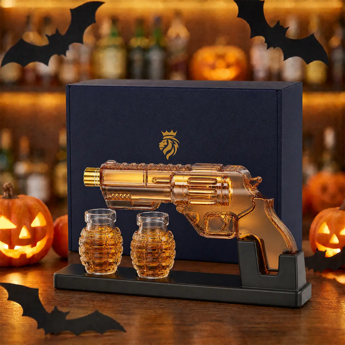 Kollea Whiskey Bottle with Luxury Gift Box,Grenade-Shaped Shot Bottles,Halloween Gift&Party Decor,Decanter Set,Bar Accessories,12.83oz Lead-Free Glass Decanter&Wooden Stand,Gifts for Men,Father,Husband,Boyfriend&Military Enthusiasts,Empty Decanter