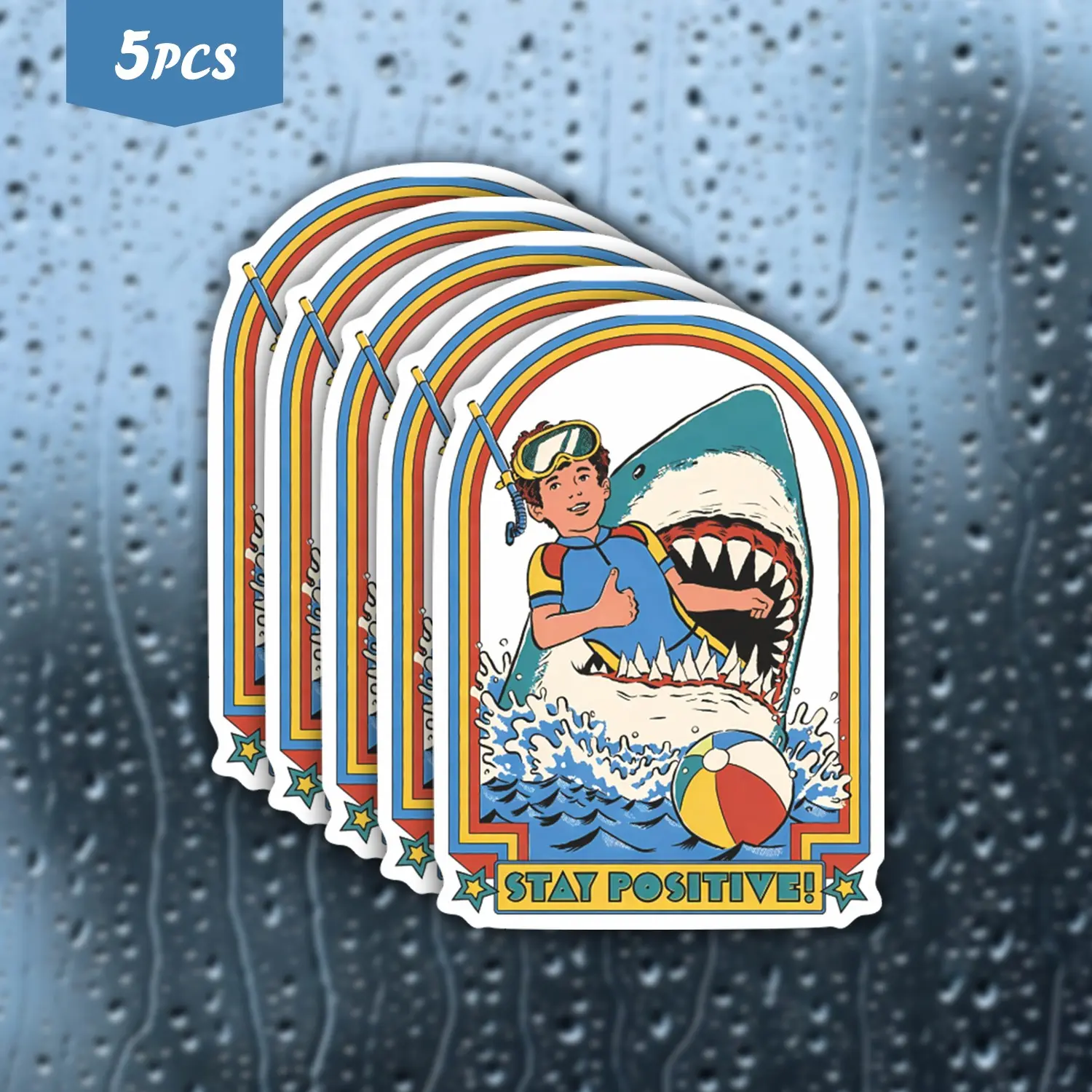 5Pcs "Stay Positive!" Shark Boy Retro Waterproof Vinyl Sticker, Funny Beach Self-Adhesive Decal, Suitable For Water Bottles, Laptops, Journals, Ideal For Meme Fans, Retro Lovers And Humor Vibe Enthusiasts, Funny Stickers