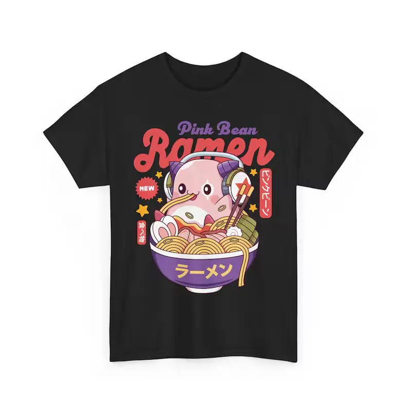 MapleStory Pink Bean Ramen Graphic T-Shirt Cute Anime Gaming Mascot Bowl Noodles Tee Kawaii Japanese Food Streetwear Merch