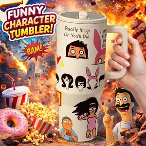 1pc 40oz Bob's Burgers Stainless Steel, Double Wall Insulated Tumbler with Handle, Family Character Quote Print Travel Mug with Lid, Large Capacity Vacuum Cup for Water Coffee, Portable Car Cup for Home Office School Outdoor Use, Gift for Women Men