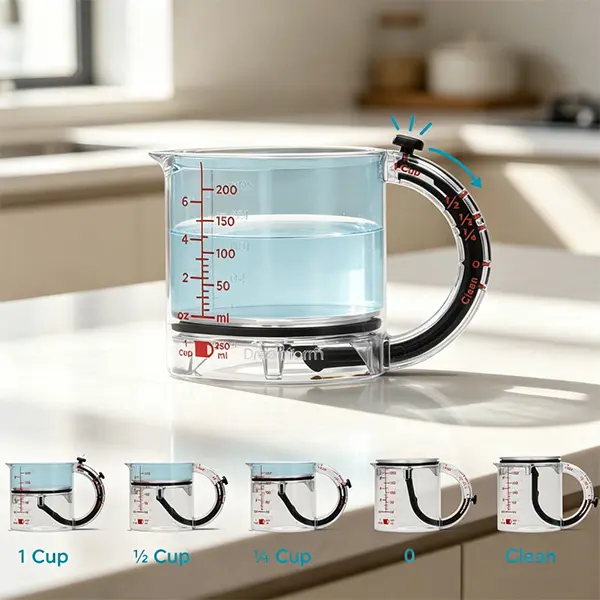 4-in-1 Adjustable Kitchen Measuring Cup Utensil, Black/Clear - Metric & Imperial Measurements Up to 1 Cup, Self-Cleaning Scraper, Dry/Liquid Ingredient Compatibility, Easy-to-Read Markings, Microwave Safe, Utensils