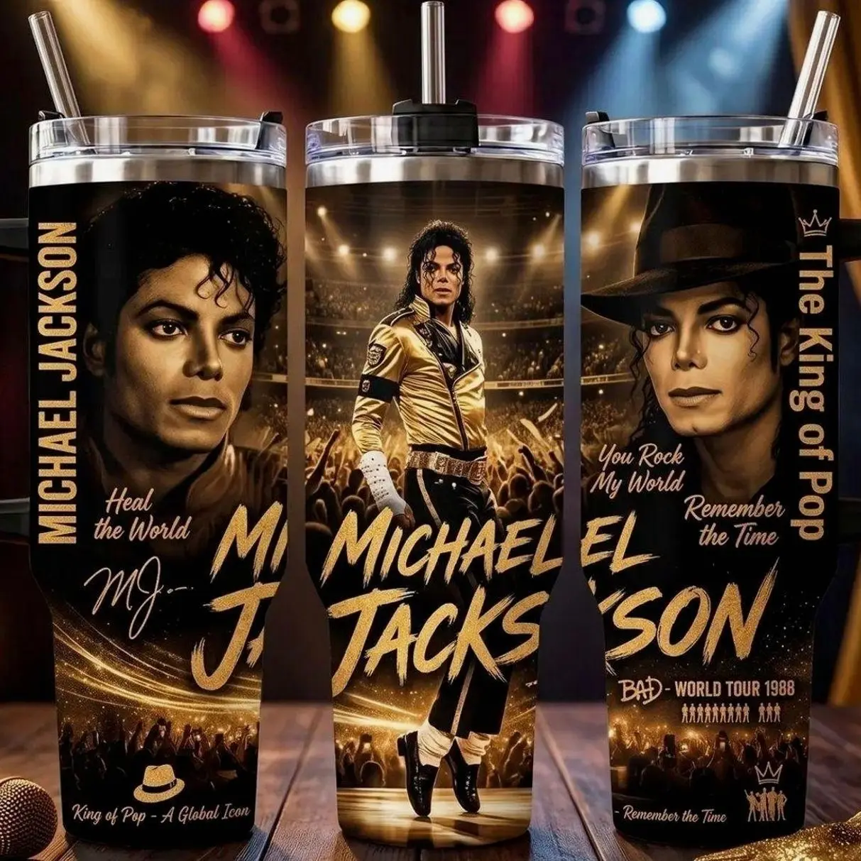 M.Jackson The King of Pop Tumbler 40oz with Handle, Dangerous Tour Bad 1988 World Tour Stainless Steel Cup, Heal The World Remember The Time Travel Mug with Straw, You Rock My World Gold Icon Merch, Retro Music Fan Gift for Him, Men