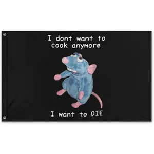 Apiawa Funny Ratzs Flag I Dont Want to Cook Anymore I Want To Die Banner Meme Tapestry Cute Mouse Flags Wall Decor for Bedroom Living Room College Dorm Decoration 3X5 Ft