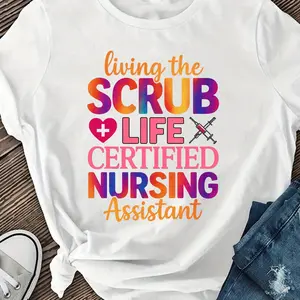 [Floral Print CNA Tee] Women's "Living The Scrubs Life" Certified Nursing Assistant & CNA Graphic Tee - 100% Casual Short Sleeve T-Shirt with Floral Print, Medium Elasticity, Machine Washable, Spring/Summer Comfort Fit, Nurse Shirts, Summer Uniform Top, V