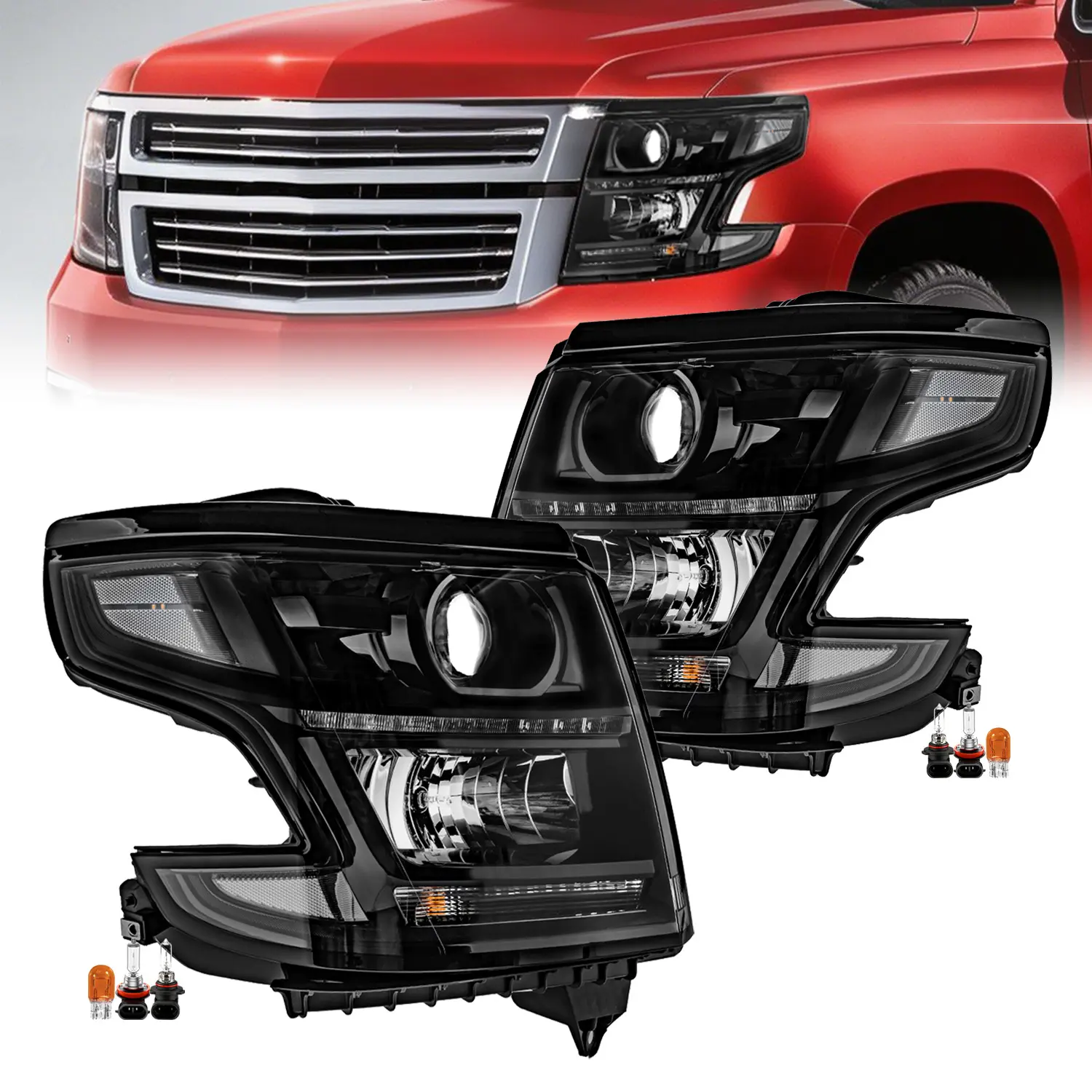 HID Headlight Assembly for 2015-2020 Chevy Tahoe/ Suburban with LED DRL Xenon Headlamp w/Bulbs for Chevrolet #GM2502406, GM2503406