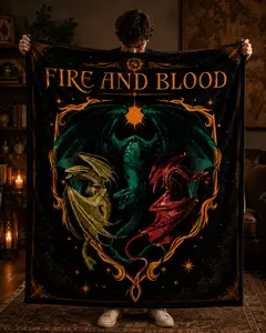 Epic House of the Dragon 'Fire and Blood' Fleece Throw Blanket - Game of Thrones House Targaryen Three Dragon Crest Art - Cozy Dark Fantasy Plush Bedding & Room Decor Gift for Epic Fantasy Fans