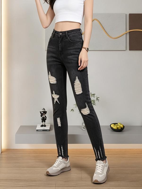 Women's High Waist Slim Fit Black Wash Jeans - All Season Jean Bottoms with Knee Rips, Distressed Denim, Frayed Holes, Fitted Casual Y2K Edgy Streetwear Aesthetic Bottoms