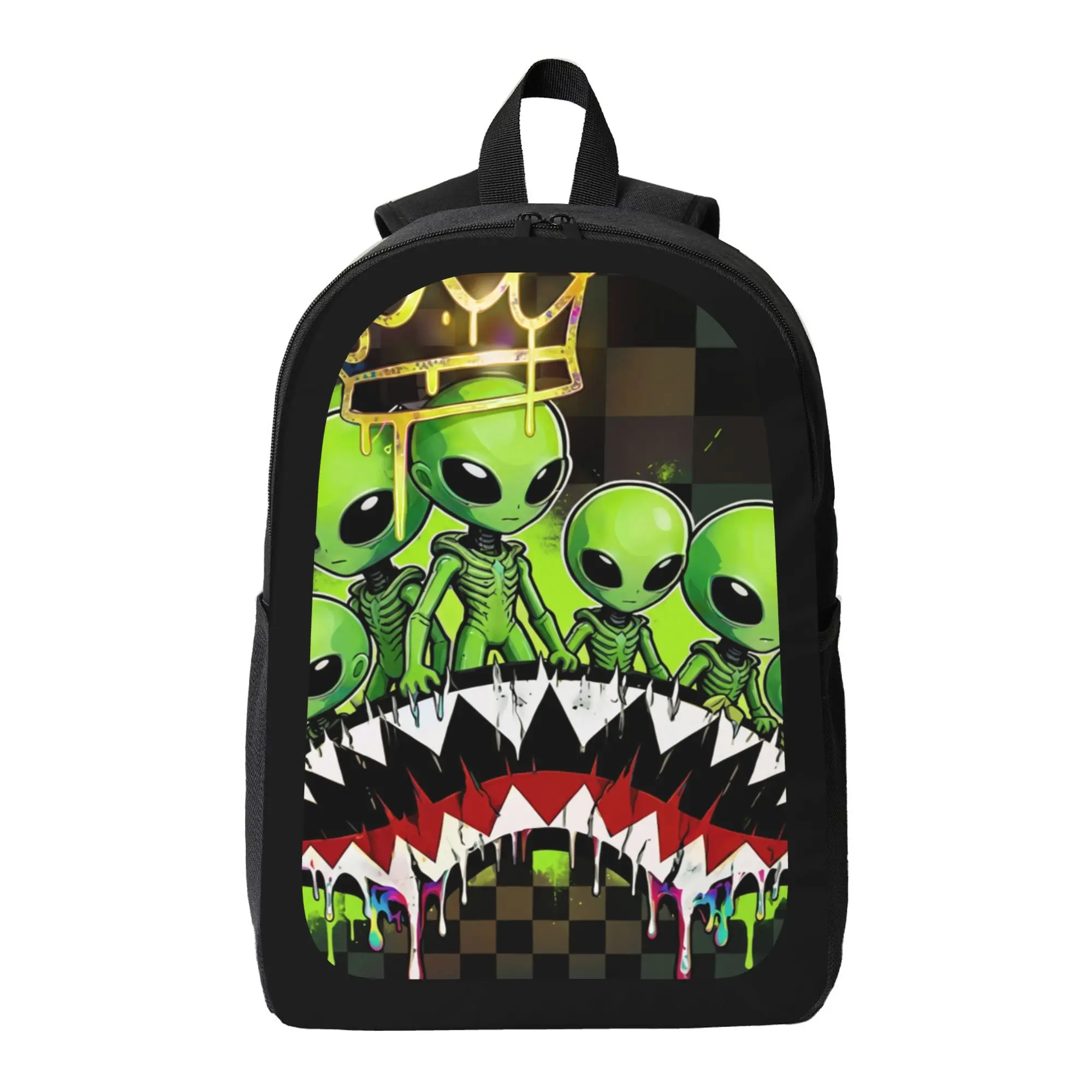 Trendy Outer Space Alien Print Backpack, Breathable Mesh Padded Shoulder Strap School Bag, Casual Daypack for Middle High School Boys Daily Travel