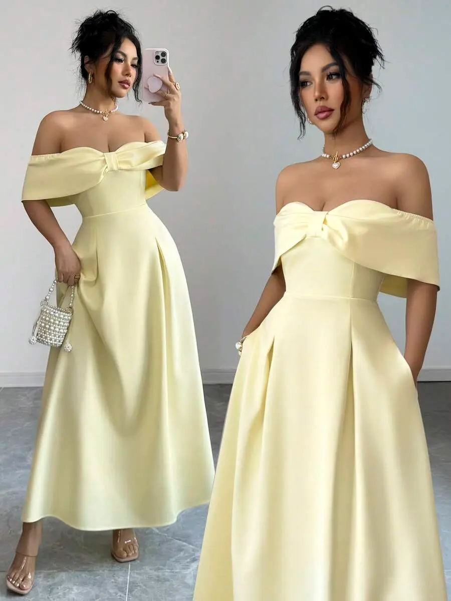 Women's Elegant Casual Commute Vacation Afternoon Tea Valentine's Day Wedding Party Solid Light Yellow Bow Off-Shoulder Waist A-Line Umbrella Hem Pocket Maxi Dress, Spring/Summer